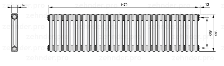 Схема (чертеж) Радиатор Zehnder Charleston 2056/32 №7610 Белый глянцевый RAL 9016